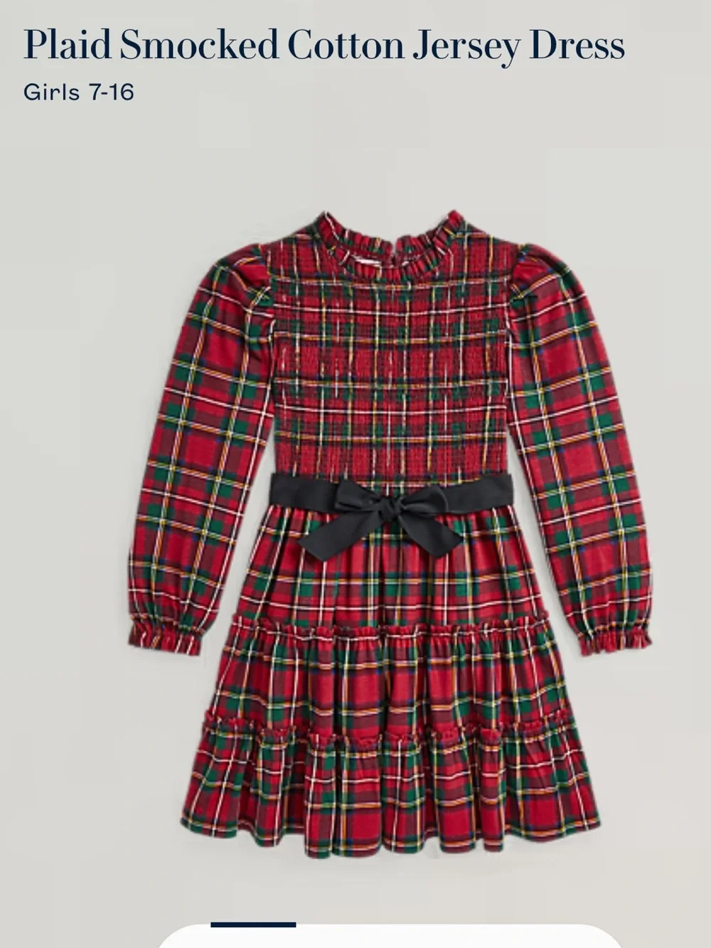 Ralph Lauren Red Green Plaid Smocked Dress with Black Waist Bow